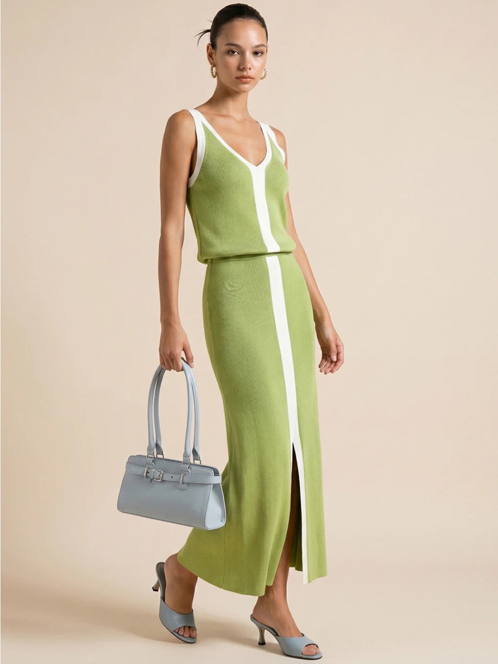 Commense Contrast Trim Slit-Front Ribbed Knit Maxi Dress NWT